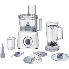 Bosch MultiTalent 3 MCM3200W kompakts virtuves kombains, 30 funkcijas, 2,3 L maisīšanas trauks, 1,0 L mikseris, universālais nazis, griešana un rīvēšana (smalki, rupji), trieciena disks (krējums, olu baltums), 800 W, balts