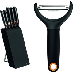 Fiskars dizaina nažu bloks ar 5 nažiem, platums: 15,5 cm, augstums: 37 cm, bērza koks, melns, malas, 1003099 & dārzeņu mizotājs, 23 x 7,9 x 2 cm, tērauds/plastmasa, funkcionāla forma, melns, 1016122