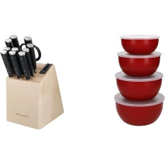 KitchenAid Gourmet 11 gab. japāņu tērauda nažu komplekts ar asinātāju, bērza koka bloka un salātu bļodas, 20 oz, plastmasas, ar vāku, sarkans, 4 gab. komplekts