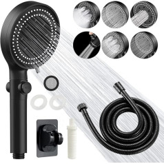 Water Saving Shower Head with 1.5 m Hose + Holder, Hand Shower High Pressure with 6 Spray Modes, Drill-Free Water-Saving Shower Head, Large Economy Shower Head with Filter and Water Stop, Black