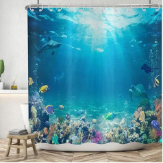 Jūras grīdas dušas aizkars 180 x 200 cm, ASDCXZ Blue Deep Sea Ocean Krāsains zemūdens pasaule Shark Turtle Fish Vannas mazgājams dušas aizkari poliestera tekstila ūdensizturīgs vannas aizkars vannai ar 12