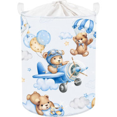 Clastyle 45L Blue Bear Pilot Boy Girl Laundry Basket Hot Air Balloon Parachute Helicopter Round Toy Clothes Storage Basket for Children's Room, 36 x 45 cm