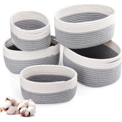 Pack of 5 Cotton Storage Baskets, Small Woven Storage Baskets for Organisation, Collapsible Storage Baskets with Handles Living Room (White-Grey)