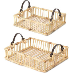 Navaris Willow Wood Tray Set - 2 x Shelf Baskets with Leather Handle - Baskets for Storage in Bathroom Kitchen - Wicker Basket Storage Basket Various Sizes