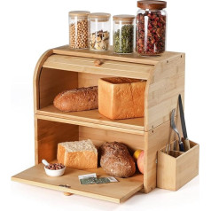 GUUSII HOME Bread Bin Wooden Bamboo Large Retro Eco Bread Box Roll Lid Double Layer Stackable Bread Storage Box Size 38 x 25 x 36 cm Bread Bin Matt Natural for Keeping Fresh and Delicious Bread