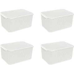 BranQ Home Essential Rattan Storage Basket, Pack of 4, 19 Litre Large Storage Baskets with Lids, Ideal for Home Storage, Made of 100% BPA Free Plastic, 38 x 27.8 x 18.5 cm (L x W x D)