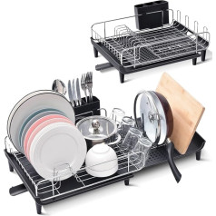 APEXCHASER Dish Drainer Expandable Dish Rack, Foldable Stainless Steel Dish Drainer with Removable Cutlery Holder, Scratch-Resistant Plate Rack and Swivel Drainage Spout, Black