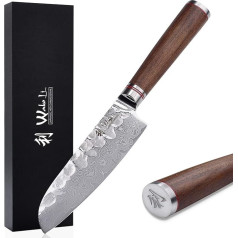 Wakoli Walnut Premium Small Santoku nazis ar 12 cm asmeni, kas izgatavots no 67 kārtām īsta damaskas tērauda ar valriekstu koka rokturi I Damaskas nazis Virtuves nazis un profesionāls pavāra nazis