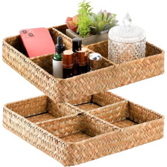 Lyellfe 2 Pieces Tea Bag Sugar Package Holder, Square Seagrass Storage Basket, 4 Divided Handmade Wicker Basket Organizer for Coffee Pads, Snacks, Bathroom Paper