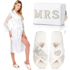 Hestya Set of 3 Bridal Gifts for Weddings, White Bathrobe, Slippers, PU Leather, Cosmetic Bag, Dressing Gown for Bridal Shower, Wedding Slippers, Makeup Bag for Women, White