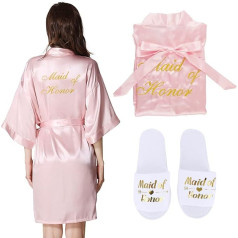 BETESSIN Maid of Honor Dressing Gown Bridesmaid Bathrobe Satīna Kimono Sleepwear + Maid of Honor Šlipses Sievietes JGA Aksesuāri JGA Kāzu pusei JGA Dekorēšana