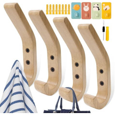 BITEFU Pack of 4 Wooden Coat Hooks for Hanging Towels, Umbrellas, Handbags with Screwdriver, 4 Screws, 8 Expansion Tube, 4 Small Hooks