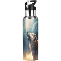 xigua Wolf Moon Space sporta ūdens pudele ar salmiņa vāku, 22oz ūdens pudele, 22oz ūdensnecaurlaidīga vakuumizolācijas nerūsējošā tērauda dubultā termiskā krūze, metāla ēdnīca