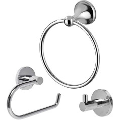 3 Piece Bathroom Accessory Set, Wall Mounted Toilet Roll Holder + Chrome Stainless Steel Towel Ring + Robe Hook, Brushed Finish Coat Hook, Silver