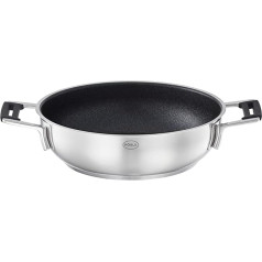 RÖSLE Silence Pro Serving Pan, panna ar nesaskrāpējamu nesadalāmu pārklājumu, ProResist, silikona rokturi, 24 cm, 18/10 nerūsējošais tērauds, piemērota indukcijai, var mazgāt trauku mazgājamā mašīnā, sudraba/melna krāsa