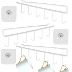 Pack of 3 Cup Holders Under Cabinet, Kitchen Coffee Tea Cup Holder with 6 Hooks, Under Shelf Cupboard Glasses Storage Drying Stand Holder with Adhesive Screws - White