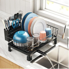 iSPECLE Counter or Sink Dish Drainer - Small Dish Drainer for Motorhomes and Small Apartment Kitchens, Compact Dish Drainer with Utensil Holder and Spout, Black