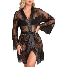 comeondear Ģērbšanās kleita Kimono mežģīņu apakšveļas komplekts Garām piedurknēm naktskrekls ar jostu Robe naktskrekls Babydoll Mesh Bathrobe ar stringiem Lieli izmēri Apakšveļa