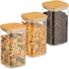 Relaxdays Storage Jars with Bamboo Lid, Set of 3, Square Glass Storage Jars, 1200 ml, Airtight, Transparent/Natural