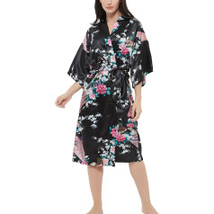 Sieviešu satīna rožu drukas kimono halāts Premium Peacock Bridesmaid Bridesmaid Dressing Gown Sleepwear Sleepwear, Peacock Flowers Black