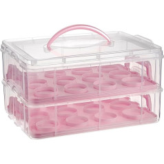 BSTKEY Kraušanas plastmasas kūkas kaste 2 līmeņu caurspīdīga uzglabāšanas kaste konteiners Pārnēsājams kūkas turētājs Cupcake Carrier ar vāku un rokturi (rozā)