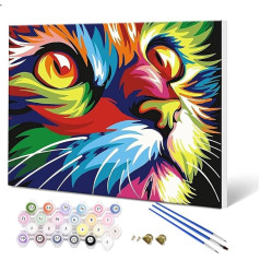 Fuumuui Painting by Numbers Adults and Children Beginners Painting with Frame Including Brush and Acrylic Paints 40 x 50 cm - Animals, Colourful Cat