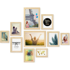 PHOTOLINI Attēlu rāmju komplekts MDF Wood Natural Wide Frame Set of 10 Modern Shatterproof Acrylic Glass Hanging Extra Accessories for Your Stylish Wall Decoration