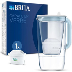 BRITA zilā stikla ūdens filtra karafe (2,5 l) ietver 1 filtra kasetni Maxtra Pro All-in-1 krānam, kas samazina PFAS*, kaļķakmeni, hloru, dažus piesārņotājus un metālus, lai parādītu laiku.