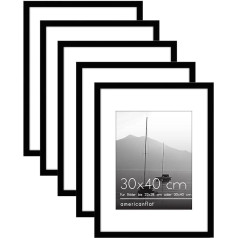 Americanflat 30 x 40 cm melnu bilžu rāmju komplekts - 22 x 28 cm ar stiprinājumu un 30 x 40 cm bez stiprinājuma - 5 rāmju komplekts ar pulētu pleksi stiklu un zāģveida pakaramo, melns