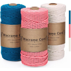 VORHOT Makrame dzija 3 mm x 100 m, Makrame dzijas komplekts, Rose Red Blue Beige, Makrame kokvilnas dzija 3 mm, kokvilnas aukla, dabīga 3 mm, kokvilnas aukla rokdarbiem, adīšanai, Boho dekorēšanai, sienu iekāršanai