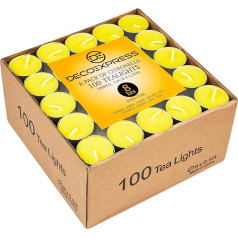 Deco Express Citronella tējas sveces, 100 vai 50 aromātisko sveču tējas sveces, 4 vai 8 stundu degšanas laiks (dzeltenā krāsā 100/8 stundas)