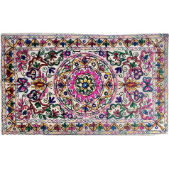 Original Kikan Rechteckiger Suzani-Wandteppich mit Blumenmuster und Pailletten, indischer Wandbehang, bestickter Läufer aus Baumwolle, Ethno-Boho-Stil (weiß)