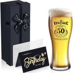 Patelai Bierglas-Geschenke zum 50. Geburtstag für Männer, 425 ml, Vintage-Bier-Geschenke zum 50. Geburtstag, Biergeschenke für Männer, 50. Geburtstag, Gläser, beste Wünsche, Grußkarte mit Umschlägen