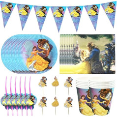 IQEPXTGO Skaistule un zvērs Dzimšanas dienas rotājumi Skaistule un zvērs Party galda piederumi Belle Princess galda piederumi Princess Party Supplies Set Cups Birthday Banner bērniem Party Decoration