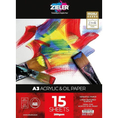 Zieler™ Acrylic and Oil Painting Pad - 260gsm - 15 Sheets - Textured Surface and Acid Free - Ideal for Acrylic and Oil Painting - Made in the UK (A3)