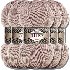 Alize 5 x 100 g Superlana Midi, turku, augstākās kvalitātes vilna, kokvilna un akrils, gluda, adāmadatas dzija, vienkrāsaina, bērnu, tamborēšanai, adīšanai, apģērbam, šalles (Smoky, 652)