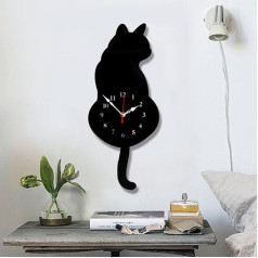 Topkey Wanduhr Katzen Acryl Wanduhr mit Schwingendem Schwanz Pendel für Wohnzimmer Schlafzimmer Küche Heimdeko - (42 cm x 18 cm) Schwarz