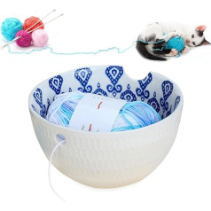 MKNZOME Handmade Yarn Bowl, 6,1 collu Yarn Bowl, keramikas pārnēsājamā vilnas bļoda, dzijas bļoda, vilnas adīšanas bļodas ar izcirstiem caurumiem un urbtiem caurumiem adīšanai tamborēšanai