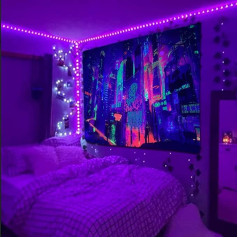 Jiamusi City Blacklight Tapestry UV Reactive guļamistaba Fantasy Trippy Tapestry Black Light Tapestry Aesthetic Wall Hanging for Room Home Decoration