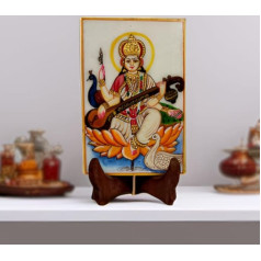 Purpledip Saraswati Marble Painting, Hand Painted Tiles with Goldwork, 6 x 4 inches (12091)