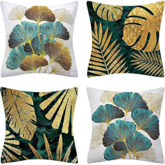 Fullfun Gold Ginkgo Biloba Teal Leaves Pillow Covers Pack of 4 augu lapu spilvenu pārvalki ar neredzamu rāvējslēdzēju dīvānam un dīvānam 50cm x 50cm