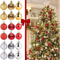 NARAMAKI® Christmas Baubles 36 gabaliņi pa 4 cm - 6 iepakojumi pa 6 baublēm Sarkans Sudrabs Zelts - spīdīgi baubļi - dekorēti - spīdumi - Ziemassvētku eglīšu rotājumi