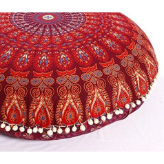 Populārs rokdarbu grīdas spilvena pārvalks - hipiju mandala spilvena pārvalks liels ar mīkstām daļiņām - Pouf Cover Round Bohemian Yoga Decor 32 collu bordo krāsā