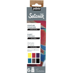 Pébéo Setasilk Starter Set - Silk Painting Set - 6 Bottles of 20 ml Silk Paints - Set of Colours: Primary Yellow, Magenta, Purple, Cyan, Maroon, Ebony