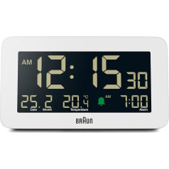 Braun BC10W digitālais modinātājs ar datuma, mēneša un temperatūras rādīšanu, negatīvu LCD displeju, ātru iestatīšanu un pūstošu modinātāja signālu baltā krāsā, modelis BC10W