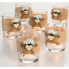 NUPTIO Teelichtgläser Glas Windlicht Hochzeit: 8cm Höhe 6 Stücke Votivkerzenhalter Teelichtglas Gläser Teelichter Schwimmkerzenhalter mit Hanfseil Set Kerzenhalter Halterung Weihnachten Tischdeko