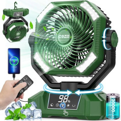 COZII Camping Ventilator 20000mAh, USB Ventilator Akku Tischventilator mit Licht, Oszillierender, Touchscreen, Fernbedienung, 5 Geschwindigkeiten, 8 Timing, Ventilator Leise für Camping Angeln Büro