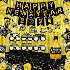 Abitoncc Happy New Year Party Supplies 2023 Happy New Year Banner Gold und Schwarz Tischdecke Neujahr Gold Fransen Vorhang Happy New Year Papiergläser Requisiten Happy New Year Party Dekorationen