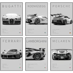 Automobiļu audekls Plakāts Sienas māksla Supercar Art Prints Set of 6 (6 komplekts, 8x12 collas bez rāmja)