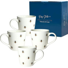 Polly Stockton 4 krūzītes Buzzing Bees Krūzītes ar dzīvnieku dizainu 400ml Bone China Krūzīte Kafija Tēja Karstie dzērieni Porcelāna bišu krūzīte